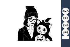 Woman with black cat holding jack o lantern pumpkin in hallo Product Image 1