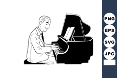 Man playing grand piano with sheet music in black and white Product Image 1