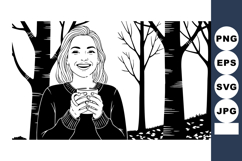 Woman holding cup outdoors with bare trees in black and whit Product Image 1