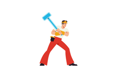 Construction worker holding a large blue hammer in a flat ve Product Image 1