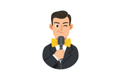 A cheerful man in a tuxedo with a yellow bow tie holding a m Product Image 1