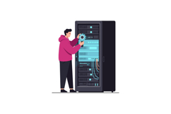 Technician in a pink hoodie working on server rack in flat v Product Image 1
