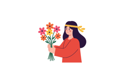 A woman holding a bouquet of colorful flowers in a flat vect Product Image 1