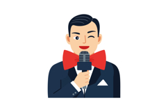 A cheerful man in a tuxedo holding a microphone with a large Product Image 1