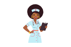 Smiling female nurse with curly hair and clipboard in flat v Product Image 1