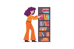 A woman in vibrant attire organizing colorful books on a she Product Image 1