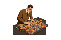 A man in a brown suit carefully designing a colorful layout Product Image 1