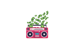 Colorful boombox with dollar bills flying in a playful flat Product Image 1