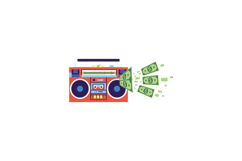 Retro boombox playing music with flying dollar bills in a co Product Image 1