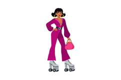 Fashionable woman in vibrant jumpsuit and roller skates, bol Product Image 1