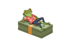 A relaxed cartoon frog in a pink shirt lounging on a stack o Product Image 1