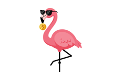 A pink flamingo wearing sunglasses holding a gold coin in a Product Image 1
