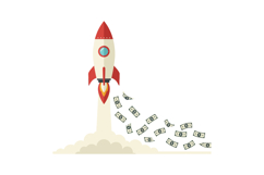 Rocket launch with money flying in the air in flat vector ar Product Image 1