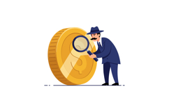 A detective inspecting a large gold coin with a magnifying g Product Image 1