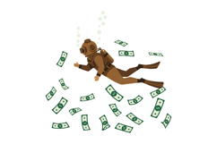 Diver in vintage diving suit swimming through floating dolla Product Image 1