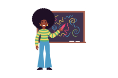 A cheerful woman with an afro hairstyle presenting colorful Product Image 1