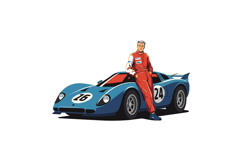 Racing driver in red jumpsuit leaning on blue sports car, fl Product Image 1