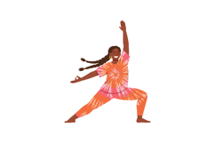 Active woman performing yoga in vibrant tie-dye outfit, flat Product Image 1