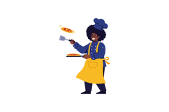 Chef with curly hair joyfully flipping pizza in a colorful k Product Image 1