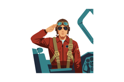 Pilot in a red jumpsuit saluting with aviator sunglasses in Product Image 1