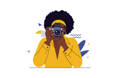 Young woman with curly hair holding a camera in a vibrant ye Product Image 1