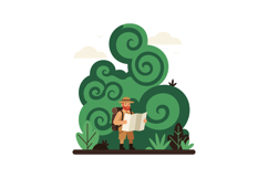 Adventurous explorer with a map in lush green jungle, flat s Product Image 1