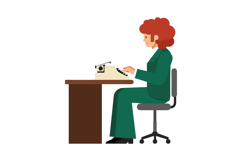 A woman typing on a vintage typewriter at a wooden desk in f Product Image 1