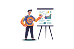 A man in a colorful tie-dye shirt presenting data on a flip Product Image 1