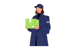 Delivery person wearing a blue coat and cap holds a green bo Product Image 1