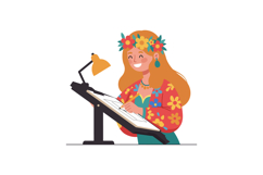 A cheerful woman with long hair in a colorful floral outfit Product Image 1