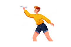 Boy throwing paper airplane in yellow sweater and blue short Product Image 1