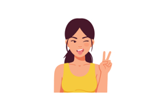 Young woman making peace sign with yellow top playful expres Product Image 1