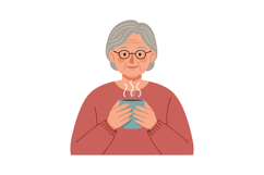 Elderly Woman Holding Hot Drink Wearing Red Sweater and Glas Product Image 1