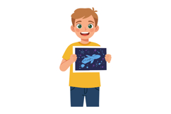 Boy holding space-themed drawing with rocket and planets in Product Image 1