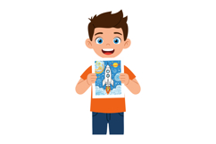 Boy holding rocket spaceship drawing with stars and planets Product Image 1