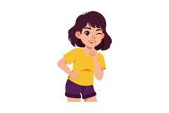 Girl Winking Wearing Yellow Shirt and Purple Shorts Playful Product Image 1