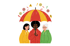 Diverse group under red and yellow umbrella protecting from Product Image 1