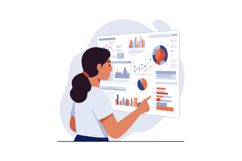 Woman analyzing business charts and data visualization on tr Product Image 1