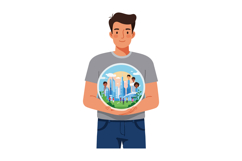 Man holding globe with diverse people and cityscape illustra Product Image 1