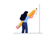 Woman holding giant yellow pencil drawing on wall creative w Product Image 1