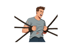 Man Struggling to Break Free from Multiple Ropes Illustratio Product Image 1