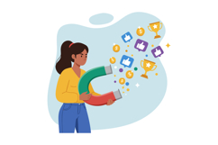 Woman Holding Magnet Attracting Social Media Likes Money And Product Image 1