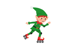 Happy elf roller skating in green outfit with red accents, f Product Image 1