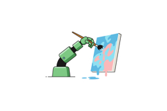 A robotic arm painting a colorful canvas in a flat, minimal Product Image 1