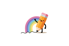 A cheerful pencil character playfully drawing a colorful rai Product Image 1