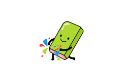 Happy green eraser character playfully splashing colorful pa Product Image 1