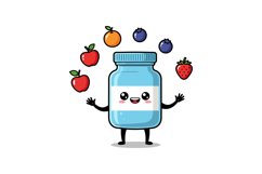 Cute cartoon jar character juggling colorful fruits in flat Product Image 1