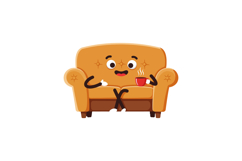 Happy animated character sitting on a cozy orange couch enjo Product Image 1