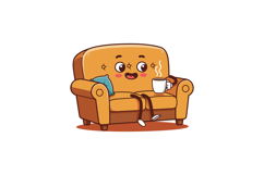 Happy cartoon character relaxing on a cozy orange couch with Product Image 1