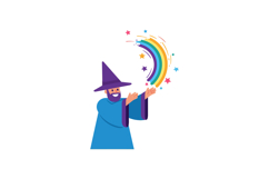Cheerful wizard in blue robe casting colorful magic spells i Product Image 1